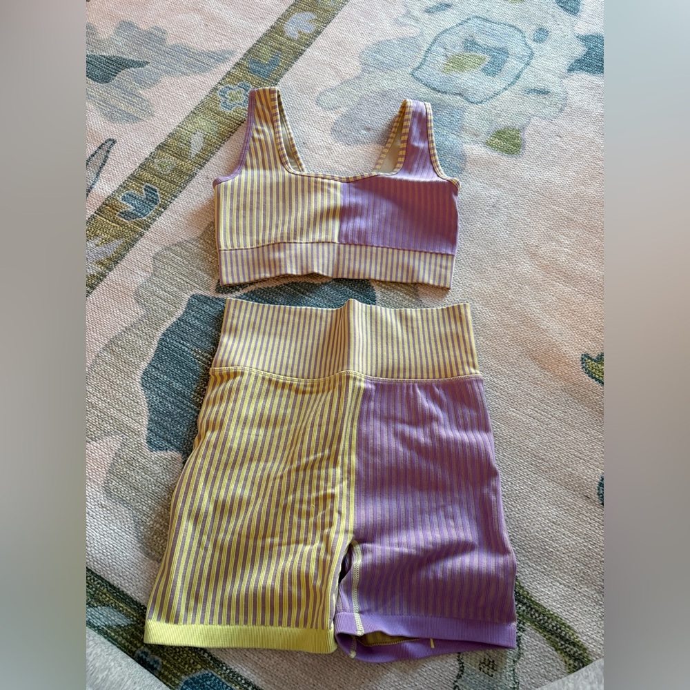 FP Movement by Free People Yellow and Lavender Striped Bike Shorts Set - Picture 1 of 4